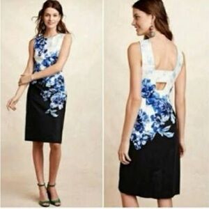Maeve For Anthropolgie Blue White Floral Sleeveless Midi Sheath Dress Size 6